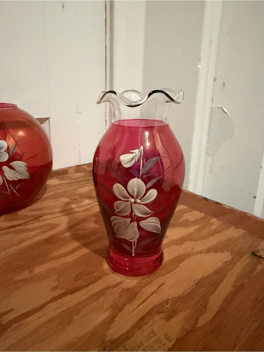 Fenton Vintage Red Cranberry Glass Ruffeled Vase Set